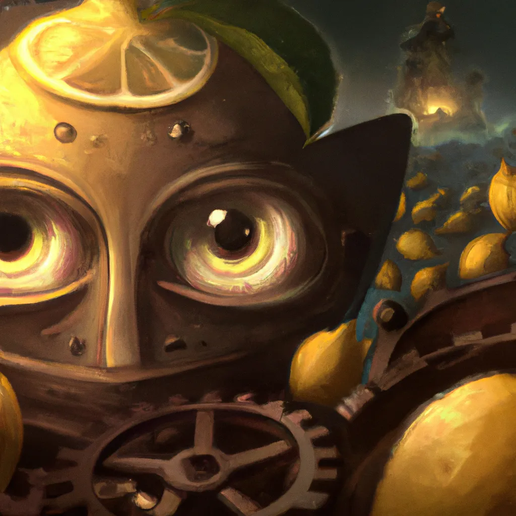 Prompt: extremely detailed lemon with anime face in a steampunk landscape a still of Studio Ghibli