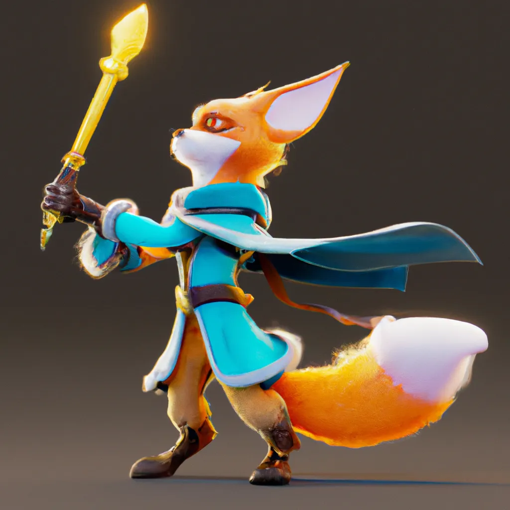 Prompt: fox with a mantel and a Light Sword character, cartoon style, all body, light in Octane Render, High Resolution, Artstation 1
