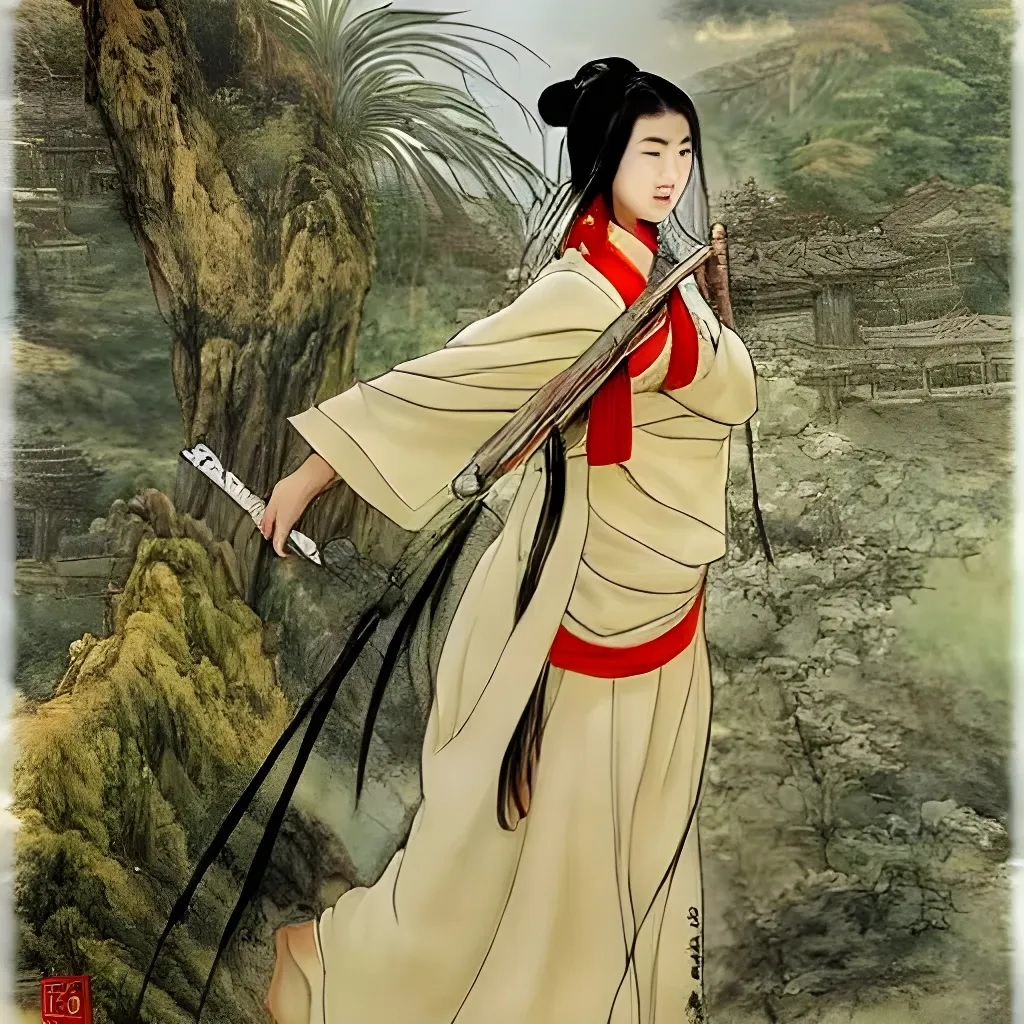 Prompt: An epic fantasy wuxia illustration portrait of a beautiful Chinese female cultivator wearing military hanfu doing a sword dance in the rural mountainside, long hair, full body XIANXIA, manga, Chinese temple, intricate linework, depth of field by Yoji Shinkawa 4k -n 4 -i, pi, artstation, pixiv, artgerm, unreal engine, masterpiece, bright colours