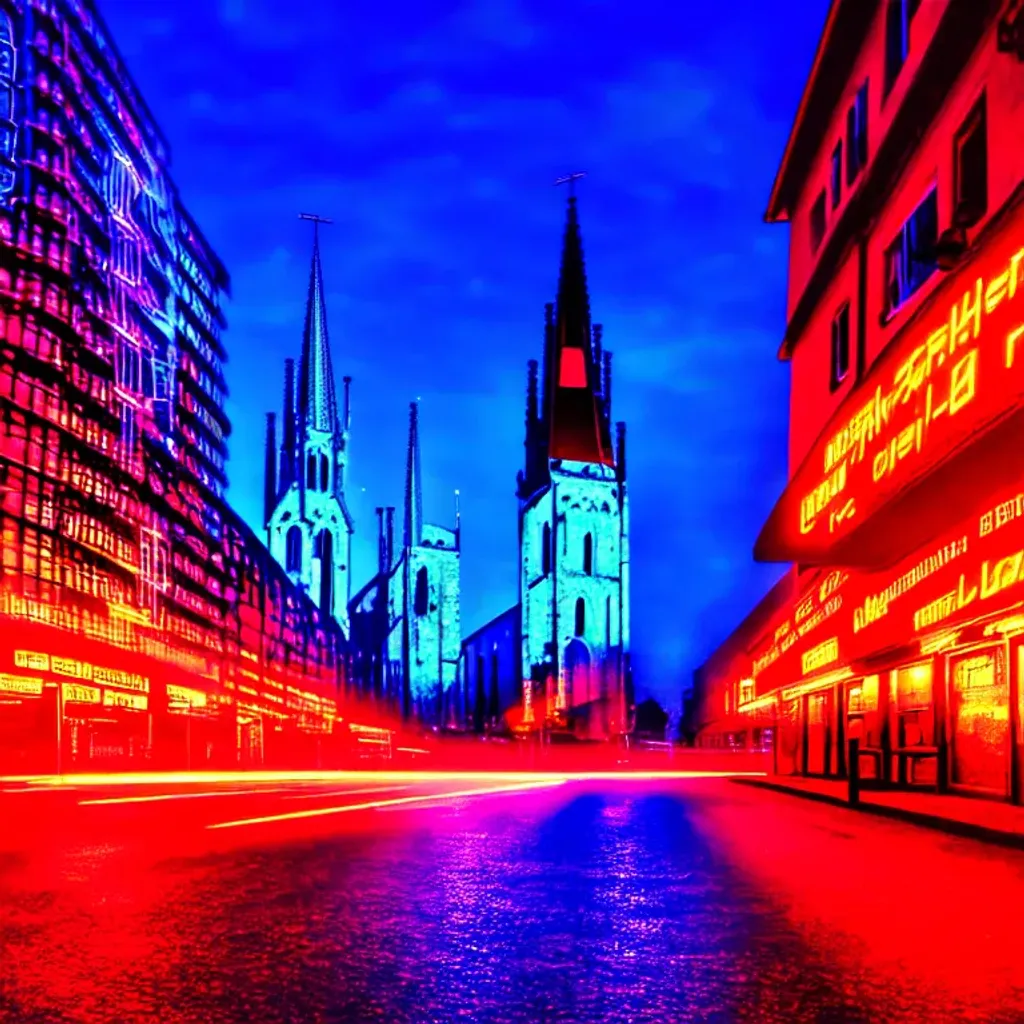 Prompt: Cyberpunk, city plaza, neon signs, neon lights, giant flatscreens with graphics, medieval German architecture, German gothic church, German timber frame buildings, cobblestone streets, broad light, wide angle, over the shoulder point of view, futuristic German city, bloom lighting effect, highly detailed, picturesque, romantic, vivid colors, European city