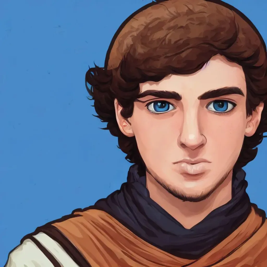 Prompt: handsome, brown-haired, blue-eyed, caucasian male teen, elongated face, minor facial hair, with medieval clothing, in the style of sachin teng