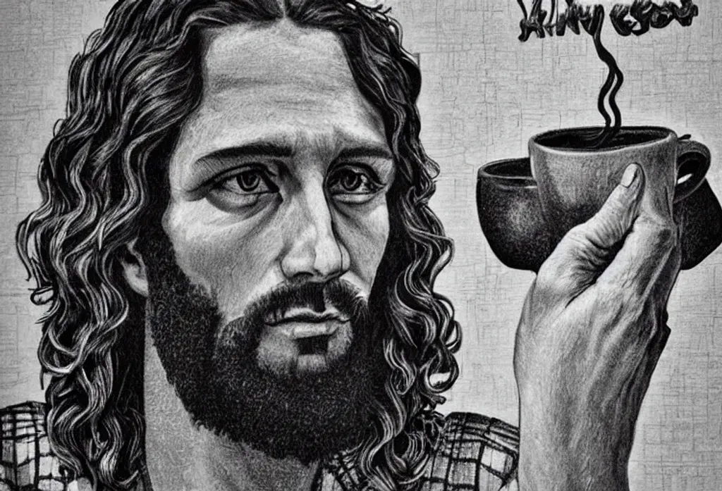 Prompt: A highly detailed, perfect realistic illustration epic dramatic of the cool modern look of Jesus, full body with highly detailed, perfect complete fingers, very short undercut curly hair, wearing flannels, Indonesian face serving as a real barista in a coffee shop, by Gustave Courbet,  Sieger Koder, Jesuits, Andy Warhol, WLOP, Artgerm, Greg Rutkowski, Alphonse Mucha, Beautiful dynamic. 