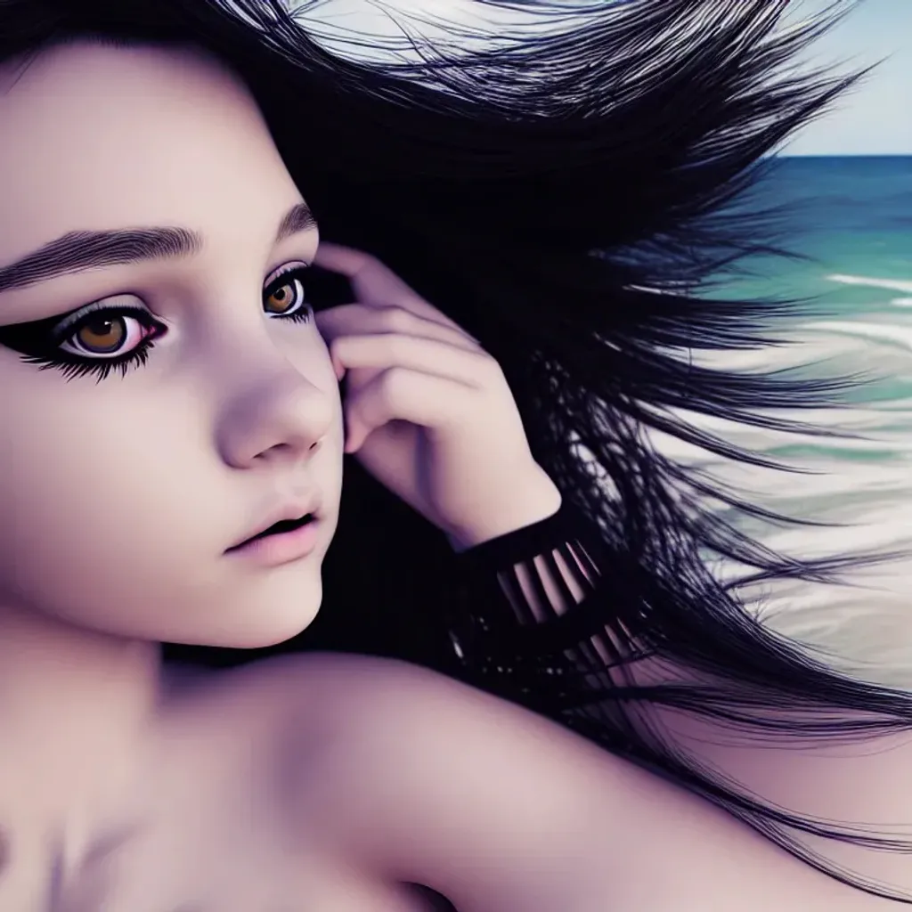 Prompt: highly detailed photorealistic art of a pretty young cute teenage girl, looking at the camera and lying on the coast, white hairs, eyeliner makeup, black skirt, black clothes, black crop top, full length, ultra-realistic soft sun lighting, Redshift Render, hd, 4k, 8k, artstation, illustration, teenager, digital art, beach, sea, ocean, coast, sand, full body