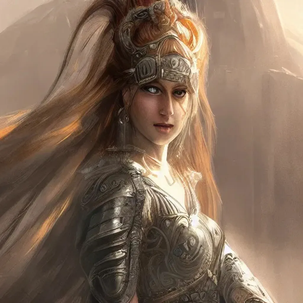 Prompt: Professional image of a female Knight, long hair, complex, fantasy, dramatic, orherworldly, fea element, intricate, digital painting, artstation, smooth, sharp focus, illustration, ancient, detailed body shape, ancient buildings background, highly historical, detailed face,