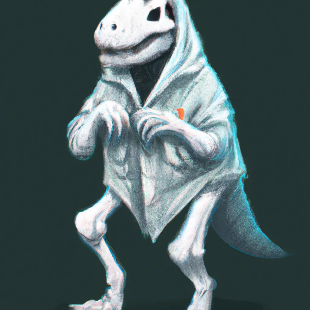 Prompt: Illustration of a T Rex wearing a ghost costume, digital art