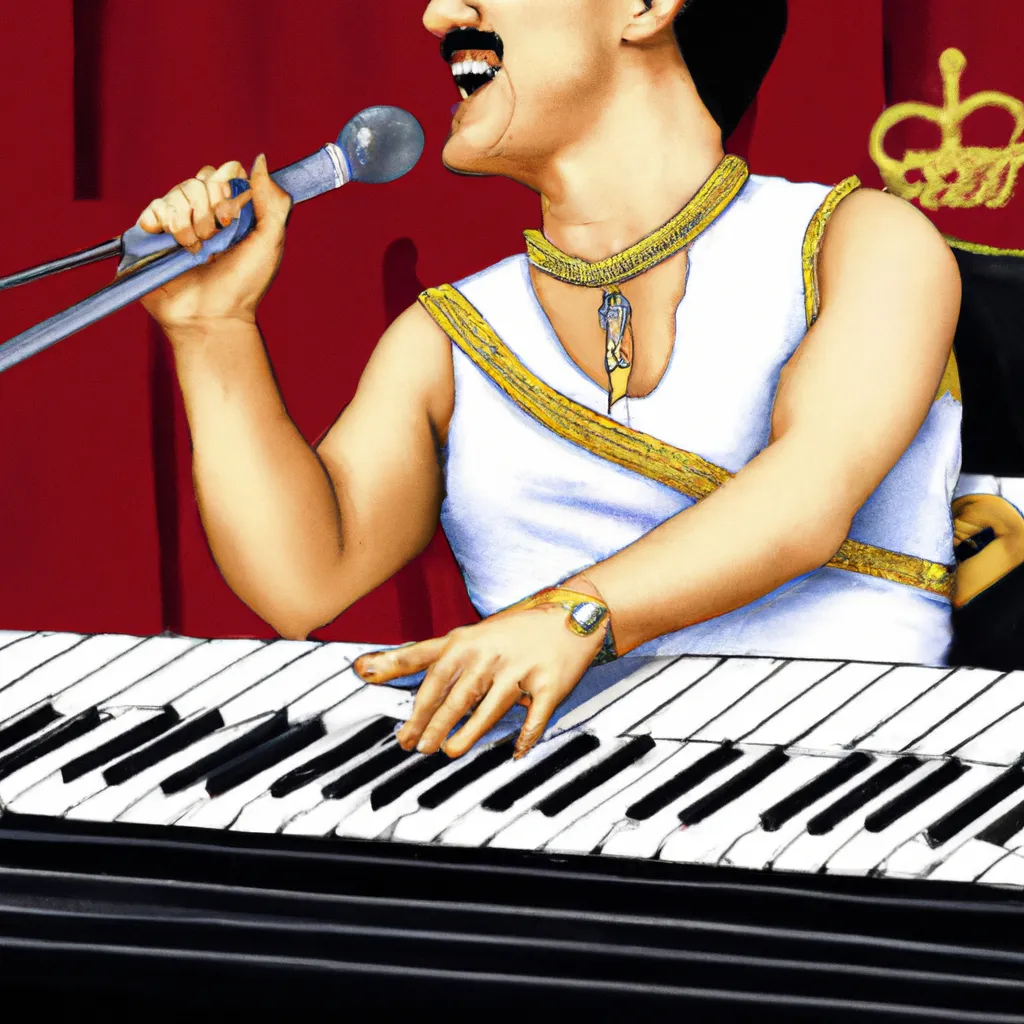 Prompt: Freddie Mercury playing piano, Live Aid 1985