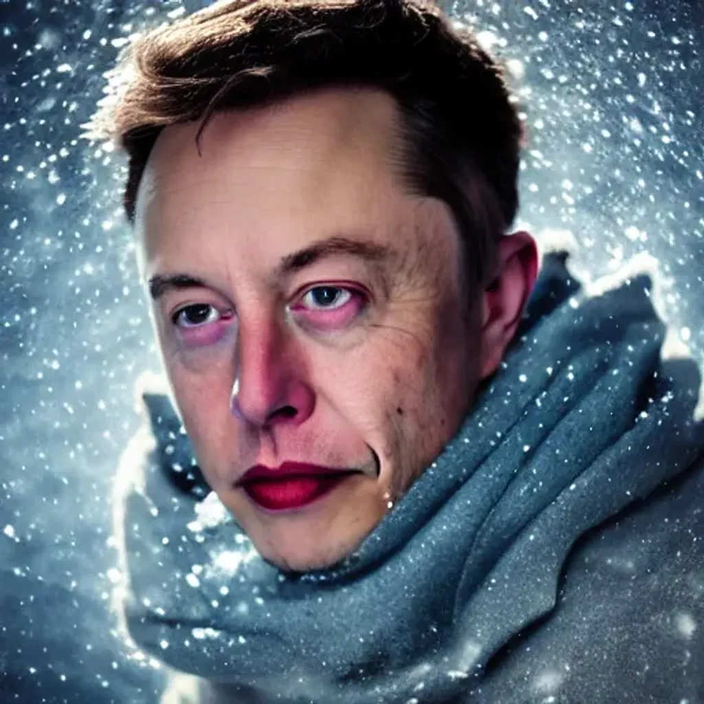 Prompt: Frozen Elon Musk covered in snow, blue, winter, grungy, unkept hair, glowing eyes, modelsociety, radiant skin, huge anime eyes, RTX on, perfect face, directed gaze, intricate, Sony a7R IV, symmetric balance, polarizing filter, Photolab, Lightroom, 4K, Dolby Vision, Photography Award