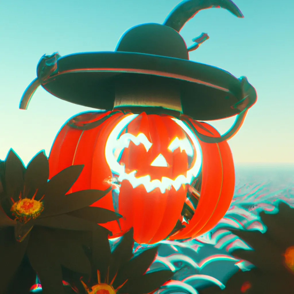 Prompt: a Ukiyo-e comic book styled vintage risograph of a lit jack-o'-lantern wearing a witch hat,red spider lilies bloomin,bubbles,eclipse,4K,moody,award winning, trending on art station,goofy funny spooky scary mysterious halloween horror vibe, intricate details,digital art,incredible design,emotive,unreal engine 5 render,octane render