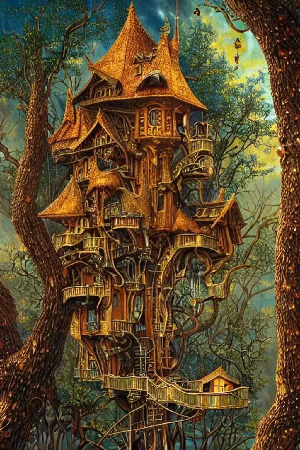 Prompt: elaborate beautiful fantasy treehouse glistening intricate made from crystal gold drops sugared drops leaf swirls giant light beautiful hyperdetailed painting by Carlo_Crivelli Anne_Stokes Andrea_Kowch Mark_Brooks Vladimir_Kush and Tom_Bagshaw CGSociety ZBrush Central fantasy art album cover art 4K 64 megapixels 8K resolution HDR Greek light colours celestial powdered sugar dreamy