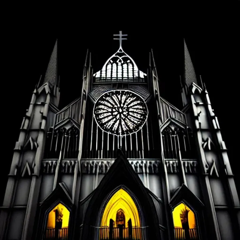 Prompt: grand cathedral in gothic styling, hyper realistic, dark theme, death, destruction, divine light