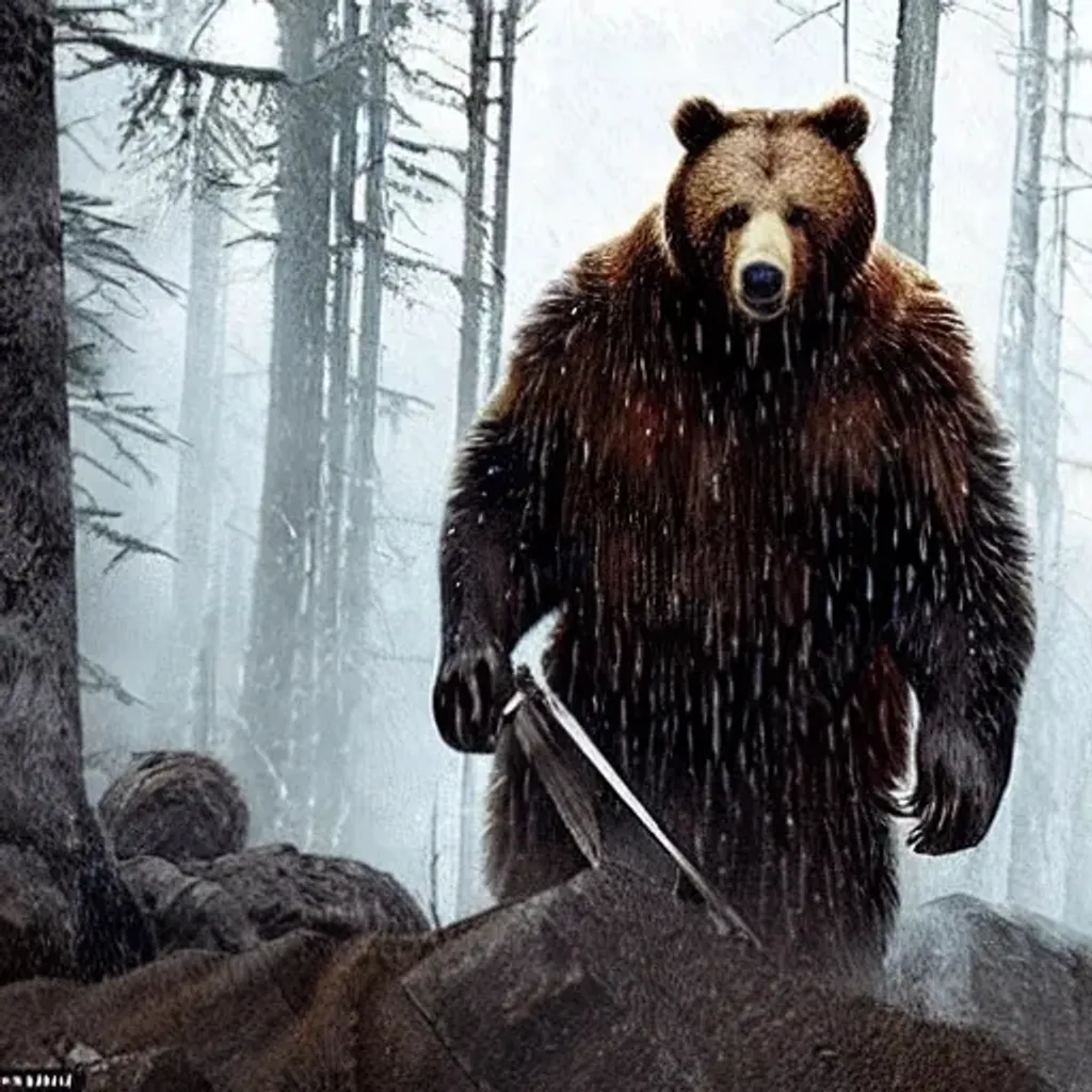 Prompt: Stunning Movie scene. Technicolor. Leonardo DiCaprio is fighting a gigantic fierce bear in the movie ‘The Revenant’,  steampunk depth of field, scifi, backlighting, chiaroscuro, intricate details, Pixar and Dreamworks studio 