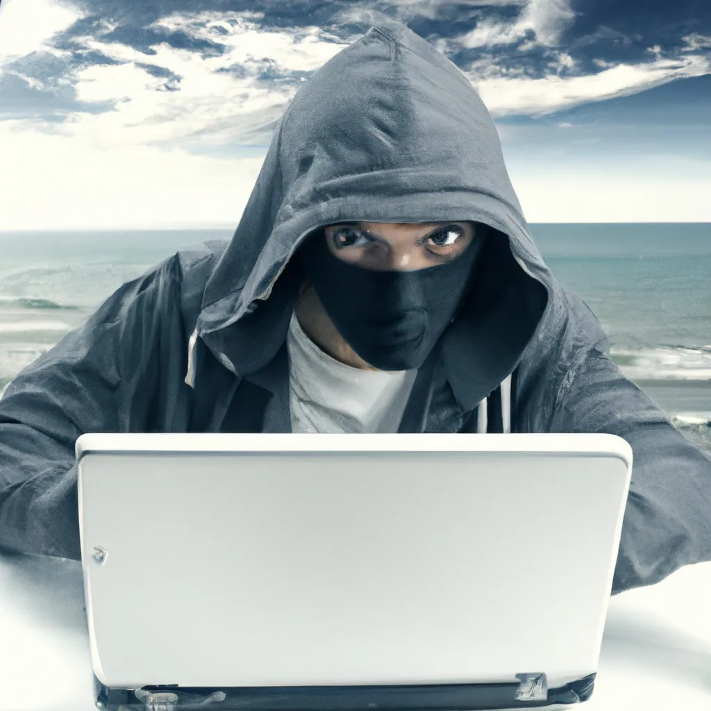 Prompt: hacker using a powerful computer in a beach