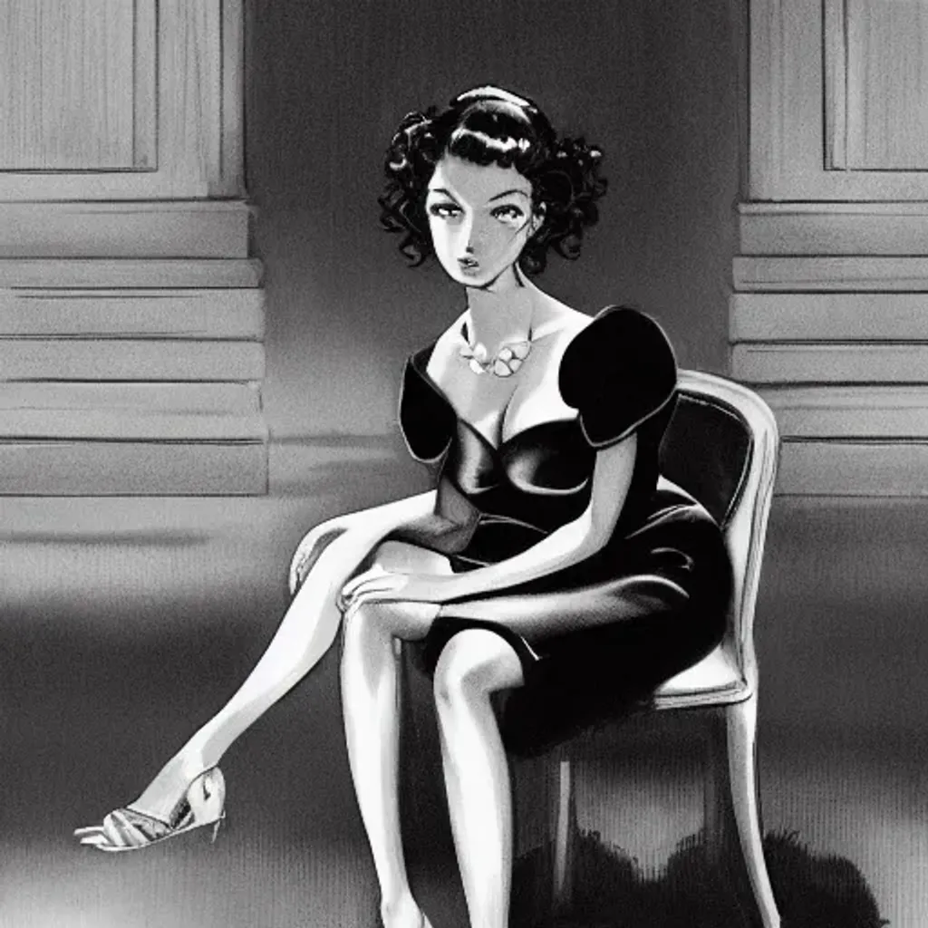 Prompt: full-shot black and white digital painting of young woman, sitting at fancy dining table, in the darkly lit corner, mysterious soft lighting, in velvet black sweetheart neckline dress, hollywood glamour, legs crossed, diamond earings, black shiny curly hair in a bun, green eyes glancing down at camera, by Naoki urasawa