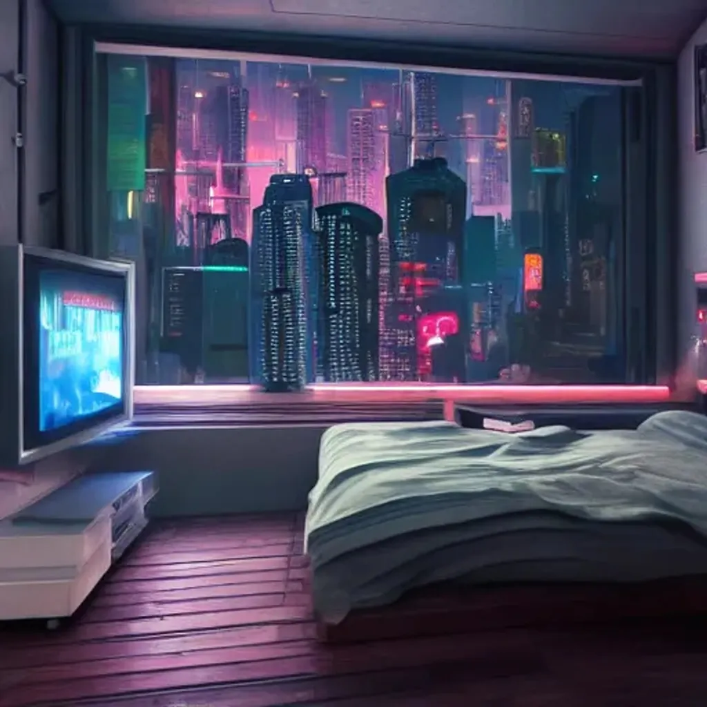 Prompt: small room with messy bed and tv at night, cyberpunk theme