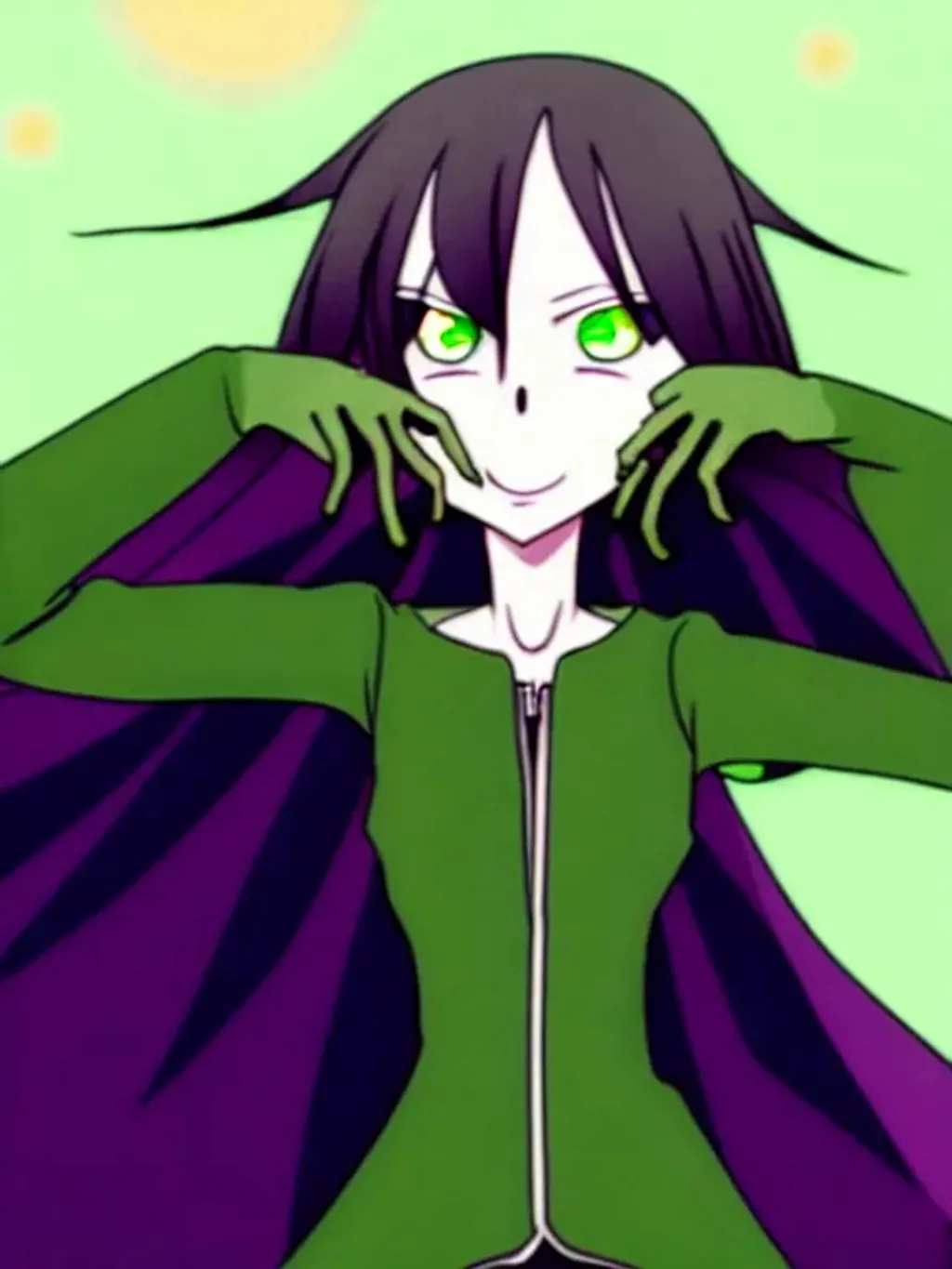Prompt: Green Eyes, Anime. Evil Witch, Skinny, Thin, Laughing, Crows, Death