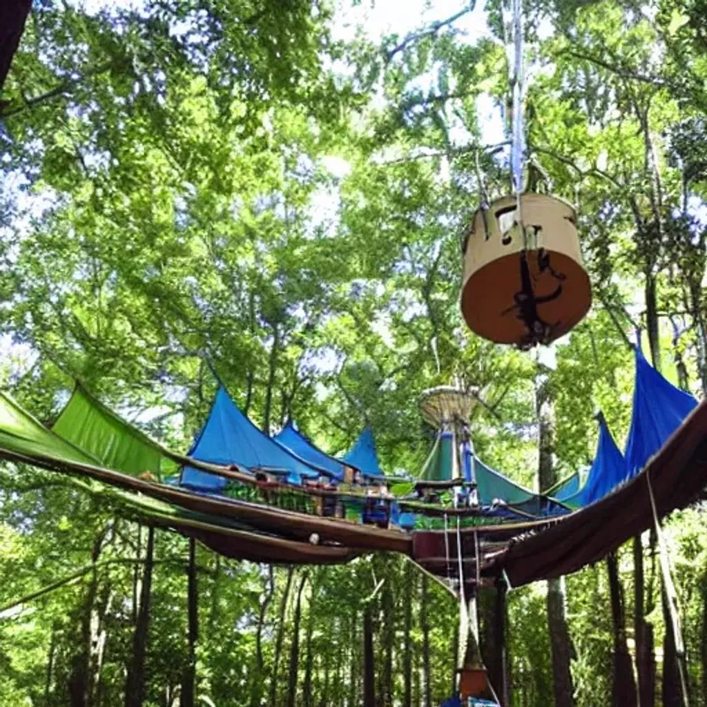 Prompt: Fantasy Tent city hanging in treetops by ropes and pulleys.