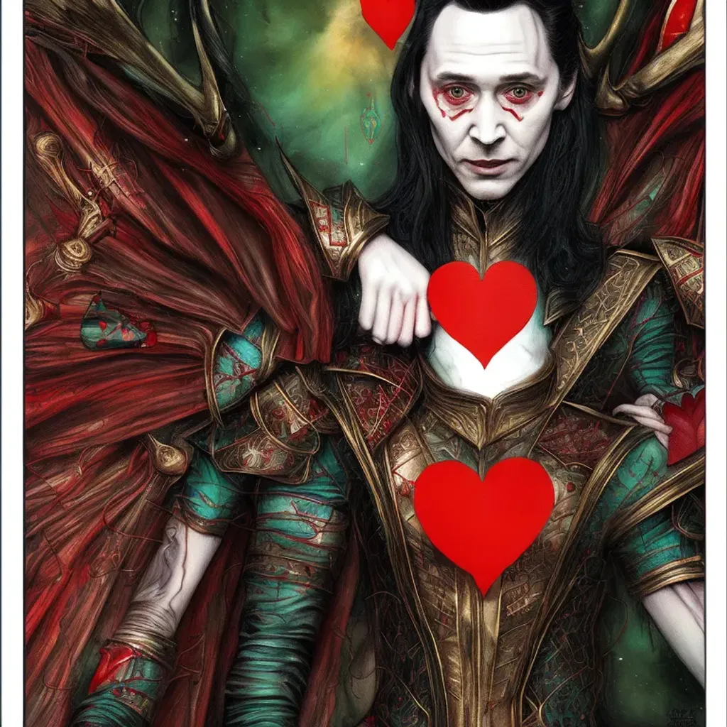 Prompt: loki as queen of hearts the magician tarot card, highly detailed, cinematic, 64 k, by megan duncanson, stanley artgerm, tom bagshaw, greg rutkowski, carne griffiths, ayami kojima, beksinski, giger, trending on deviantart, hyper detailed, horror, full of colour, photograph, photorealistic, unreal engine 5