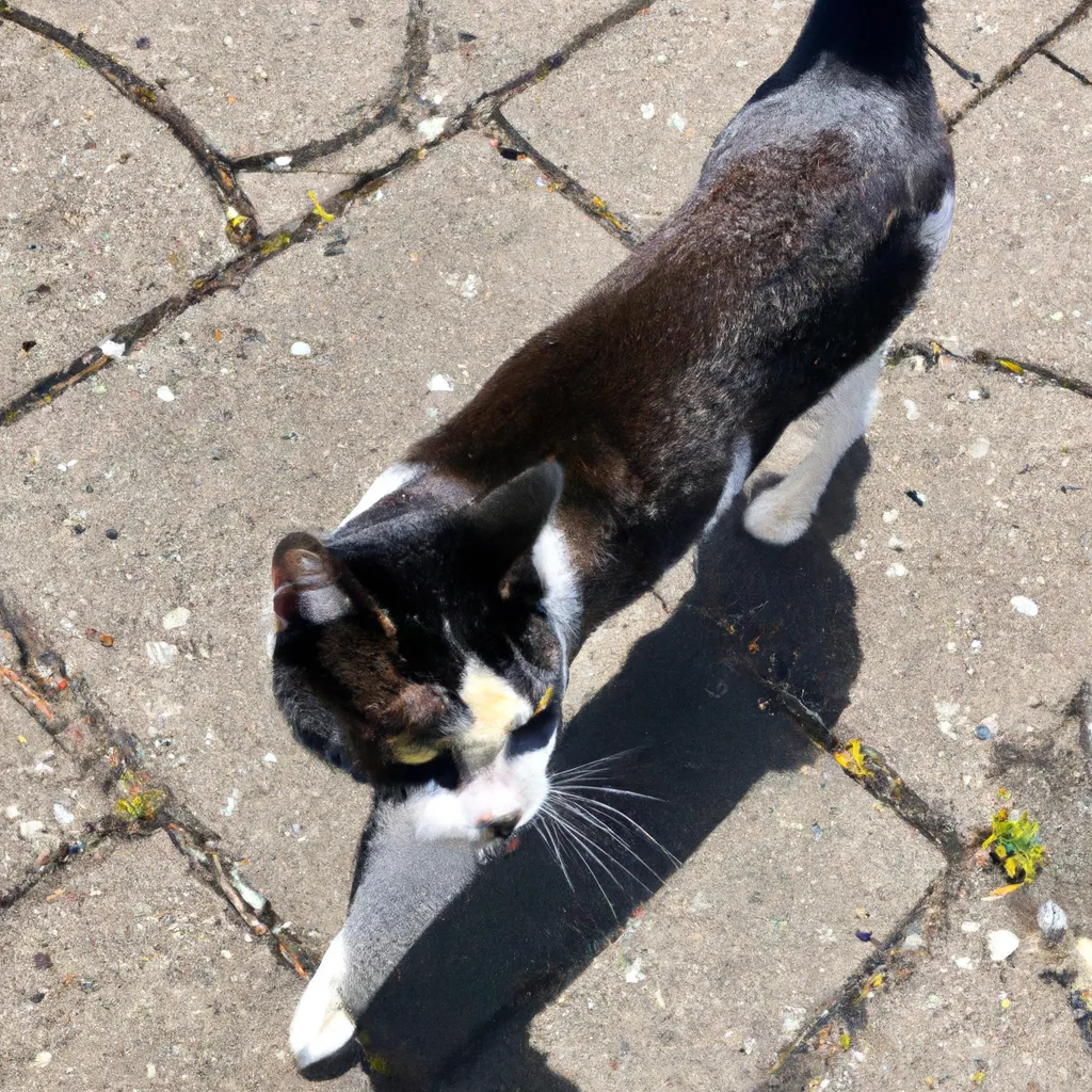 Prompt: A cat that’s coloured black and white walking on a sidewalk