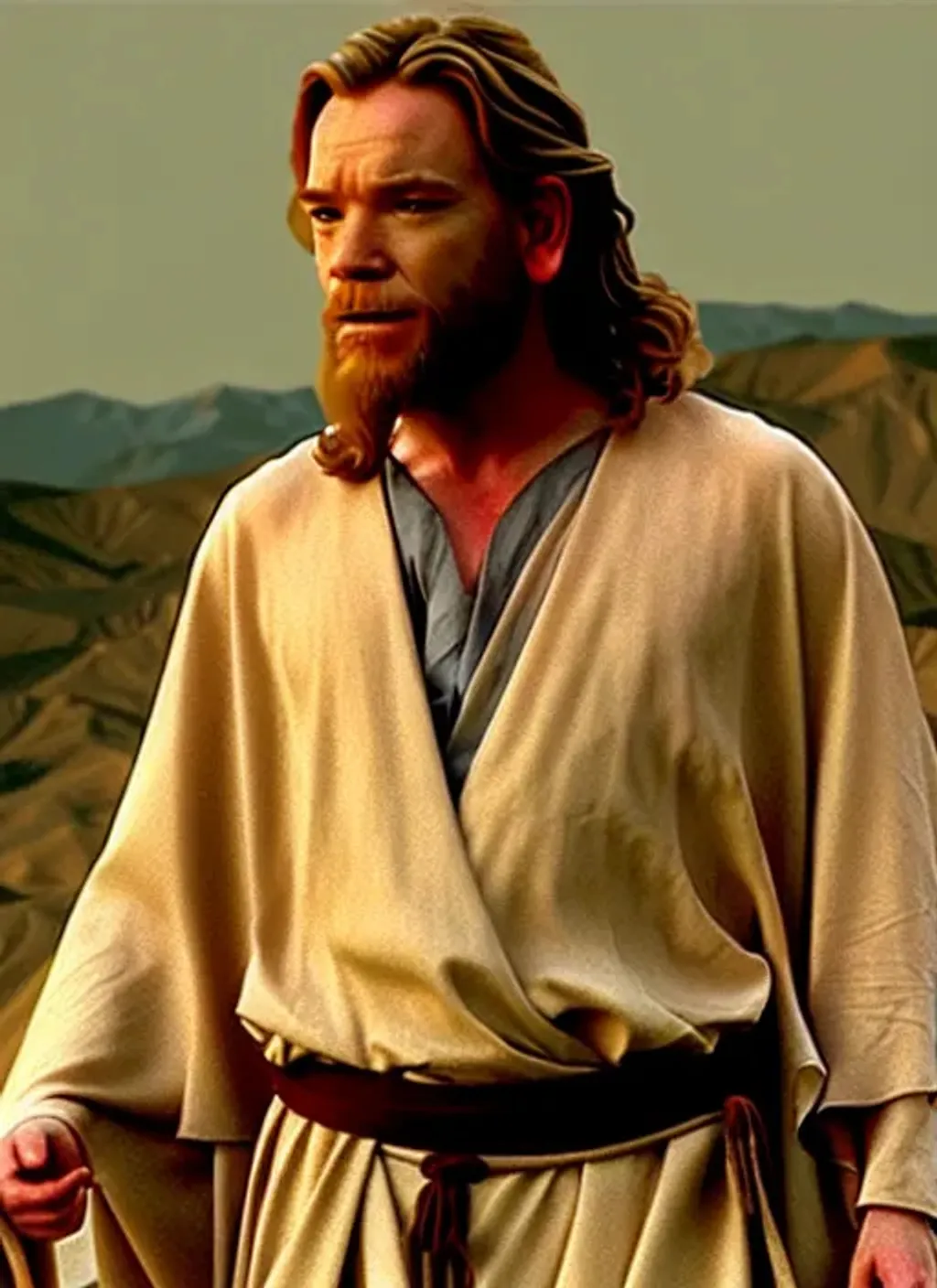 Prompt: A movie screenshot of Ewan McGregor as Jesus