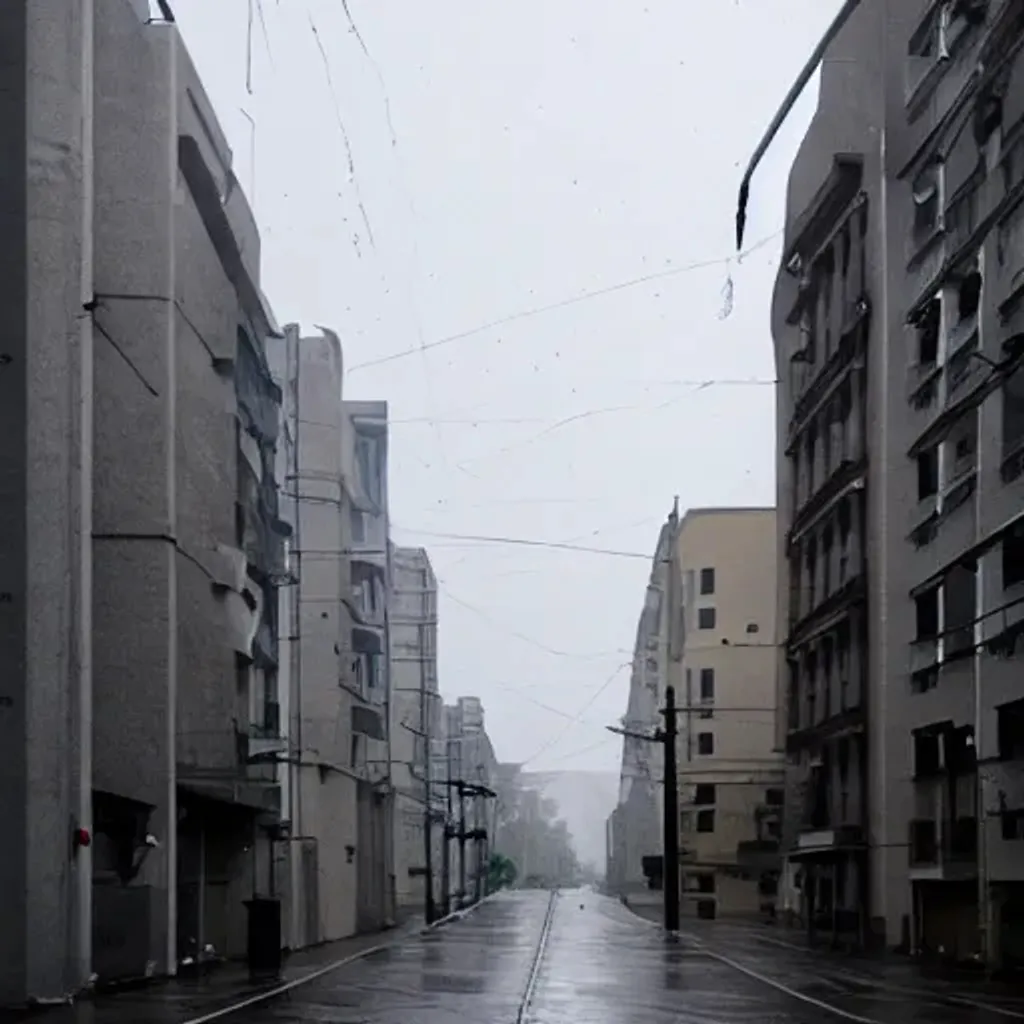 Prompt: Light rain, liminal space, empty street, street lamps, after hours, 8k, eerie