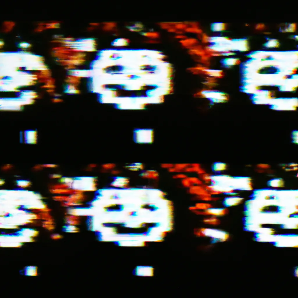 Prompt: A heavily distorted 1993 VHS footage of a thousands of jack-o-lanterns in a American home