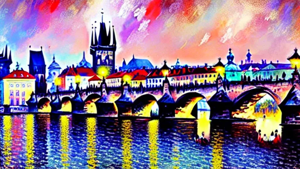 Prompt: Charles bridge in Prague, beautiful, ivan shishkin, impressionism, camille pissarro, ismail inceoglu, claude monet, alena aenami, fantasy art, subtle pastel colors