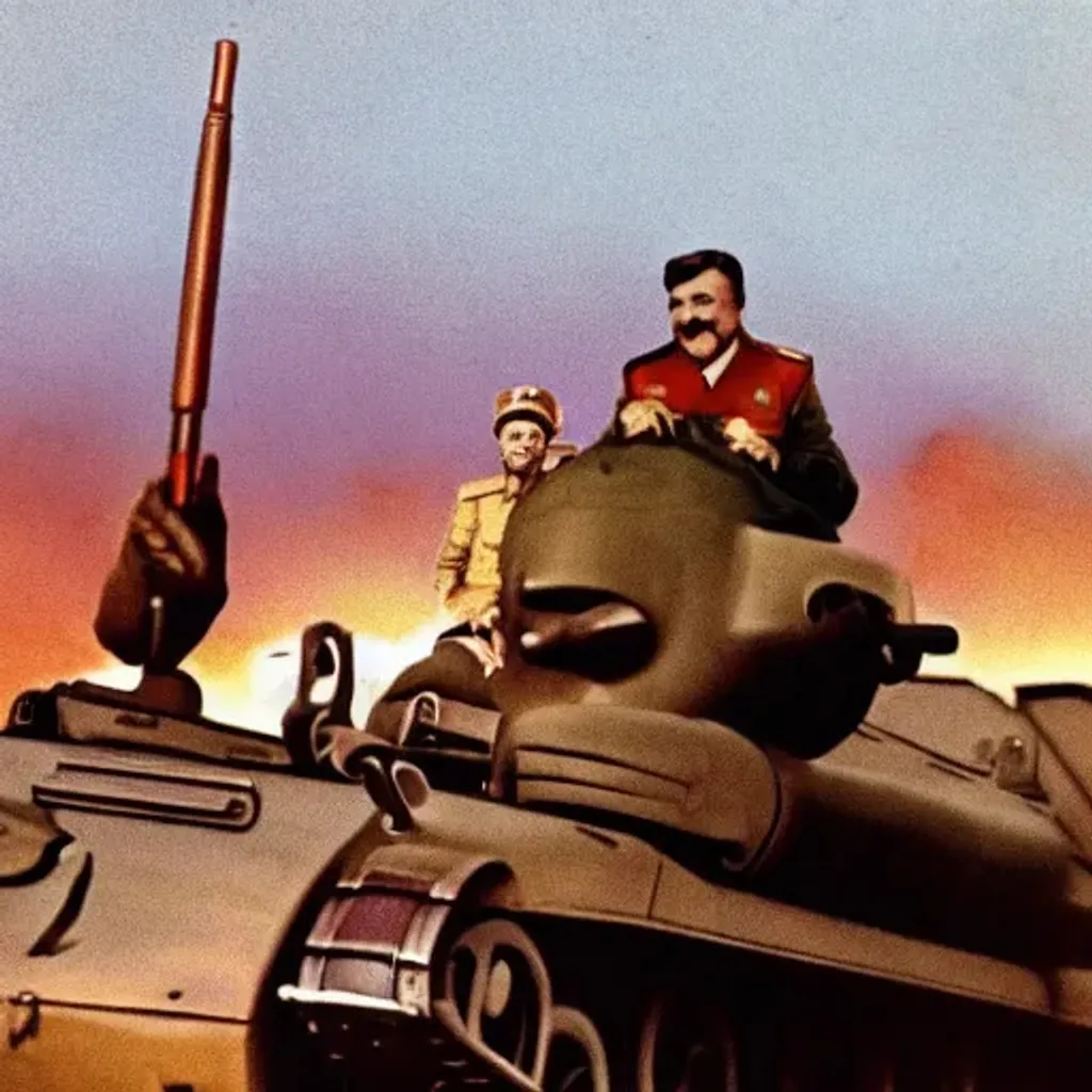 Prompt: Stalin riding a tank into the sunset