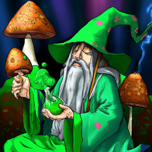 Prompt: realistic green wizard hitting a bong near mushrooms 