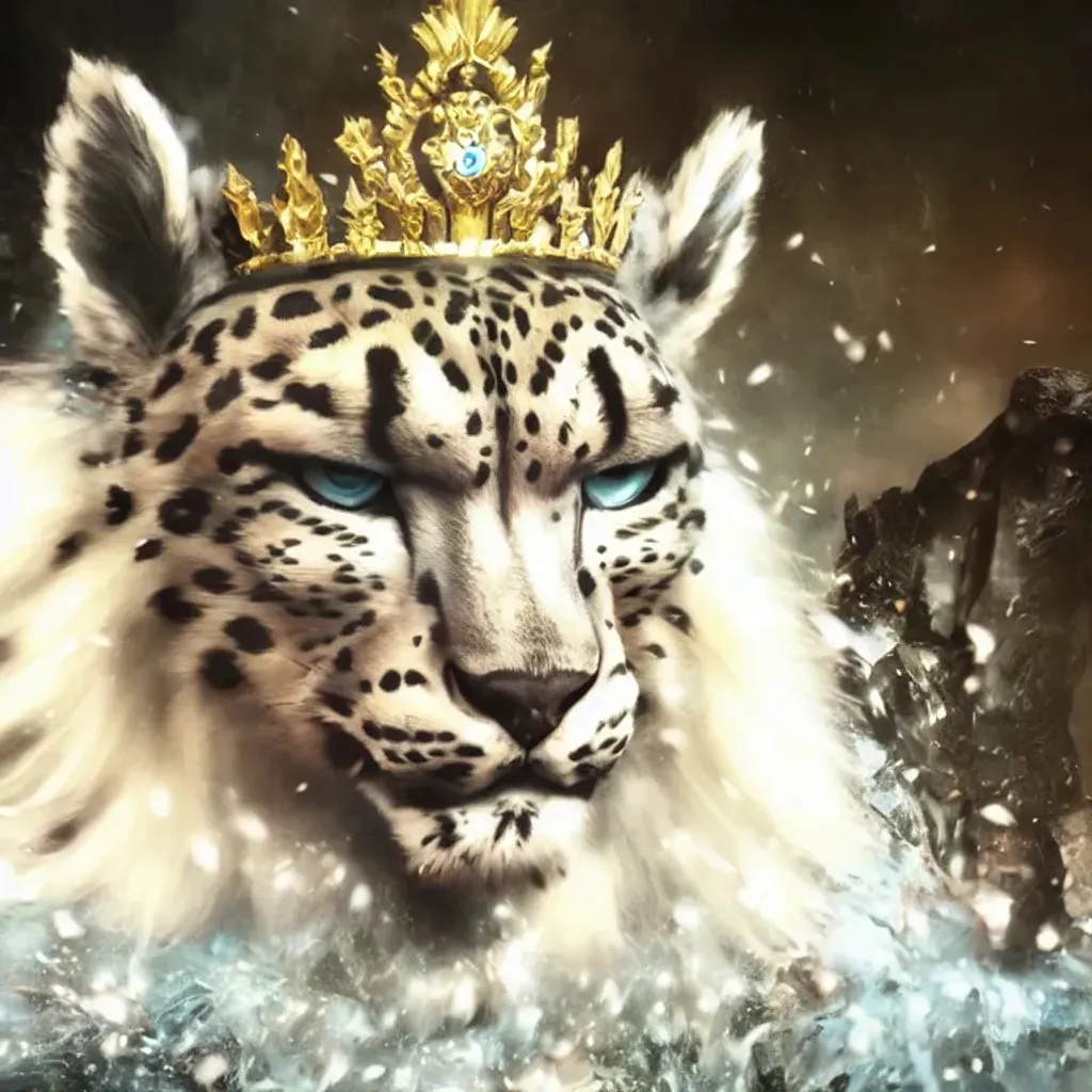 Prompt: splash art of an anthropomorphic snow leopard prince wearing a crown, royal and majestic, beautiful, professional, action shot, heroic fantasy art, special effects, hd octane render