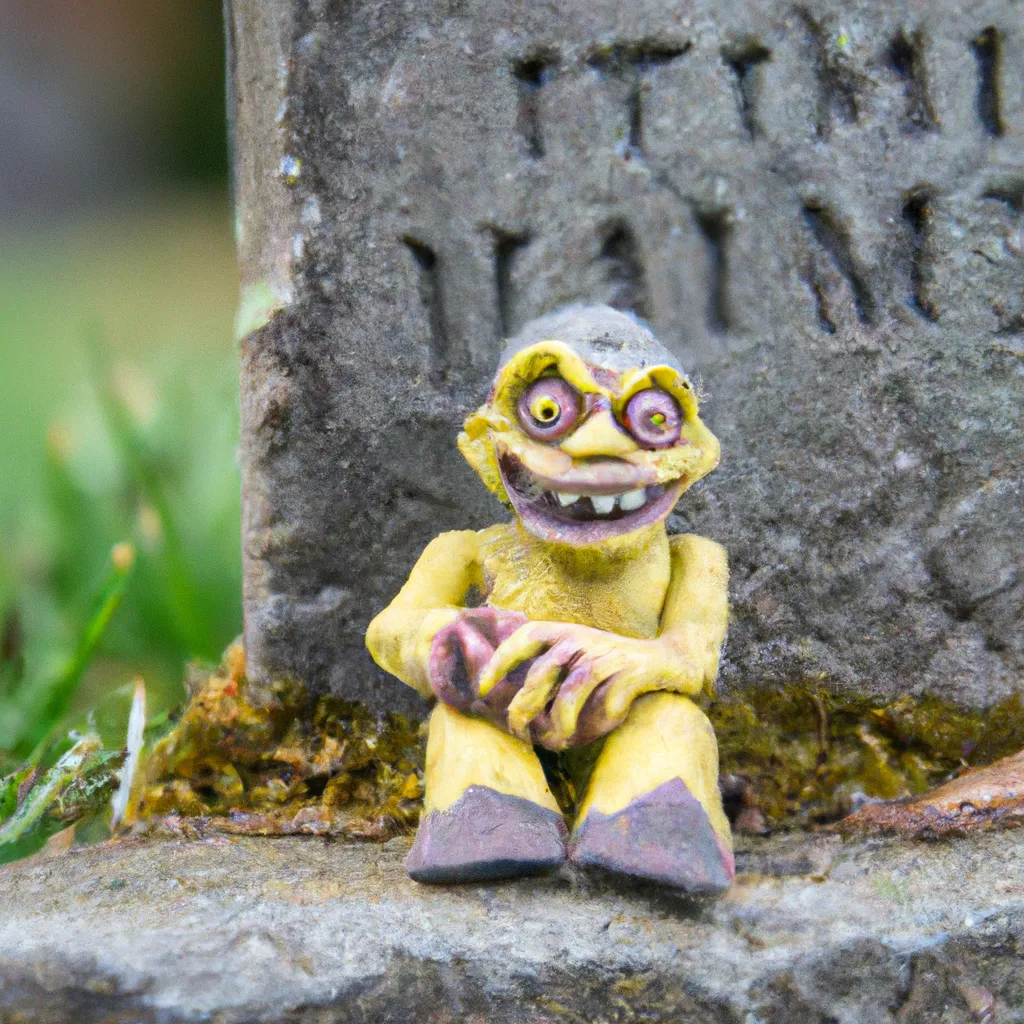 Prompt: Miniature carved frankenstein minion sitting in a graveyard and grinning