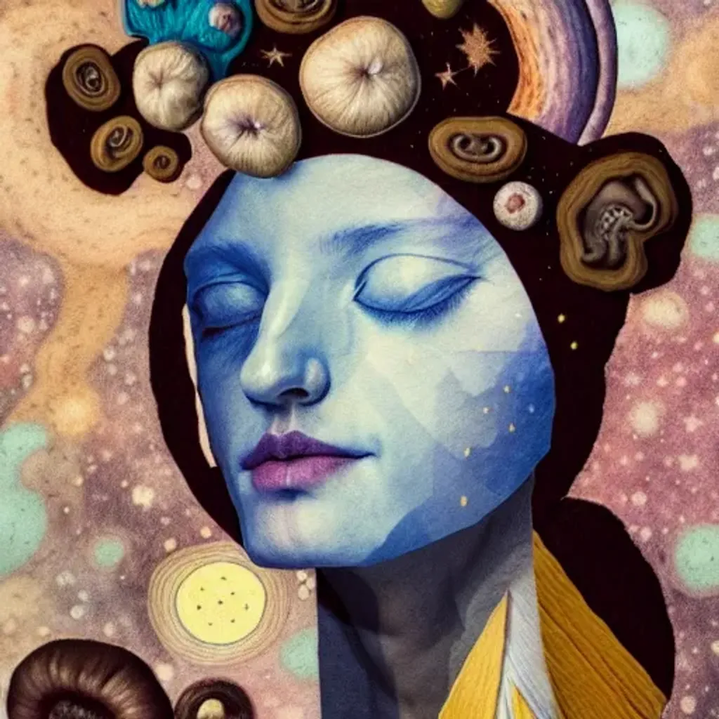 Prompt: Felt fabric portrait by Ryan Hewett, Beautiful woman with dark brown skin, mushrooms growing out of her hair, hq, fungi, celestial, portrait, victo ngai, moon mushrooms, Jan van Eyck, galaxy, moon, stars 