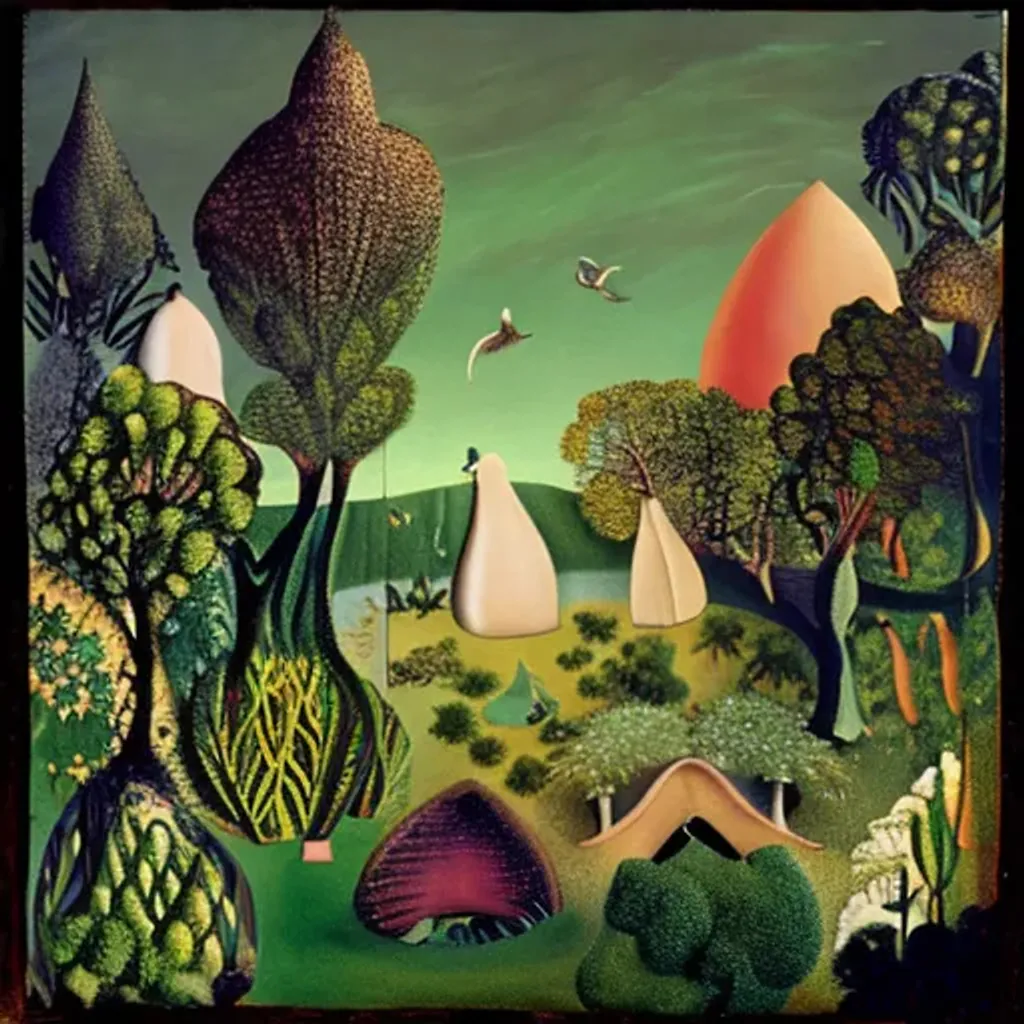 Prompt: A photo of a fairy village, enchanted, ethereal, otherworldly, mystical, fantastical, surreal, dreamlike, by Henri Rousseau 