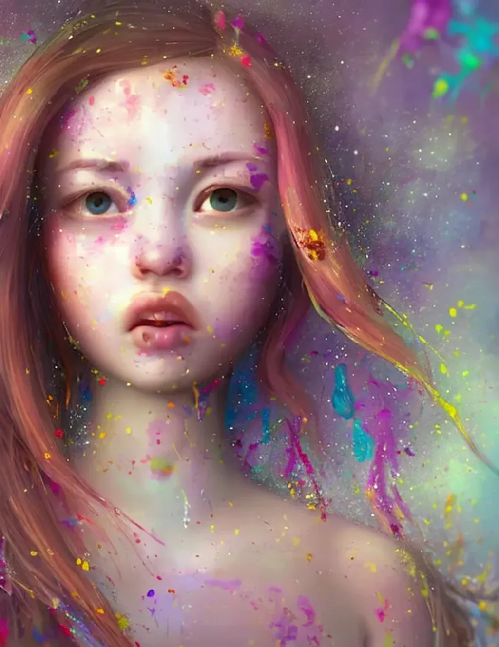 Prompt: paint splatter with drips, portrait of a very beautiful young girl, very attractive, very cute nose perfect lips intricate girlish charm, long wavy hair, highly detailed, digital painting, sharp focus, dof, ultra reallistic, extremely detailed, intricate, artgerm, cinematic lighting  award winning, fantastic view, 4K 3D, colourful