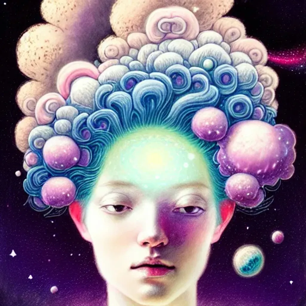 Prompt: Pastel rococo portrait, Beautiful woman with the galaxy in her hair, hq, fungi, celestial, moon, galaxy, stars, victo ngai, Ryan Hewett 