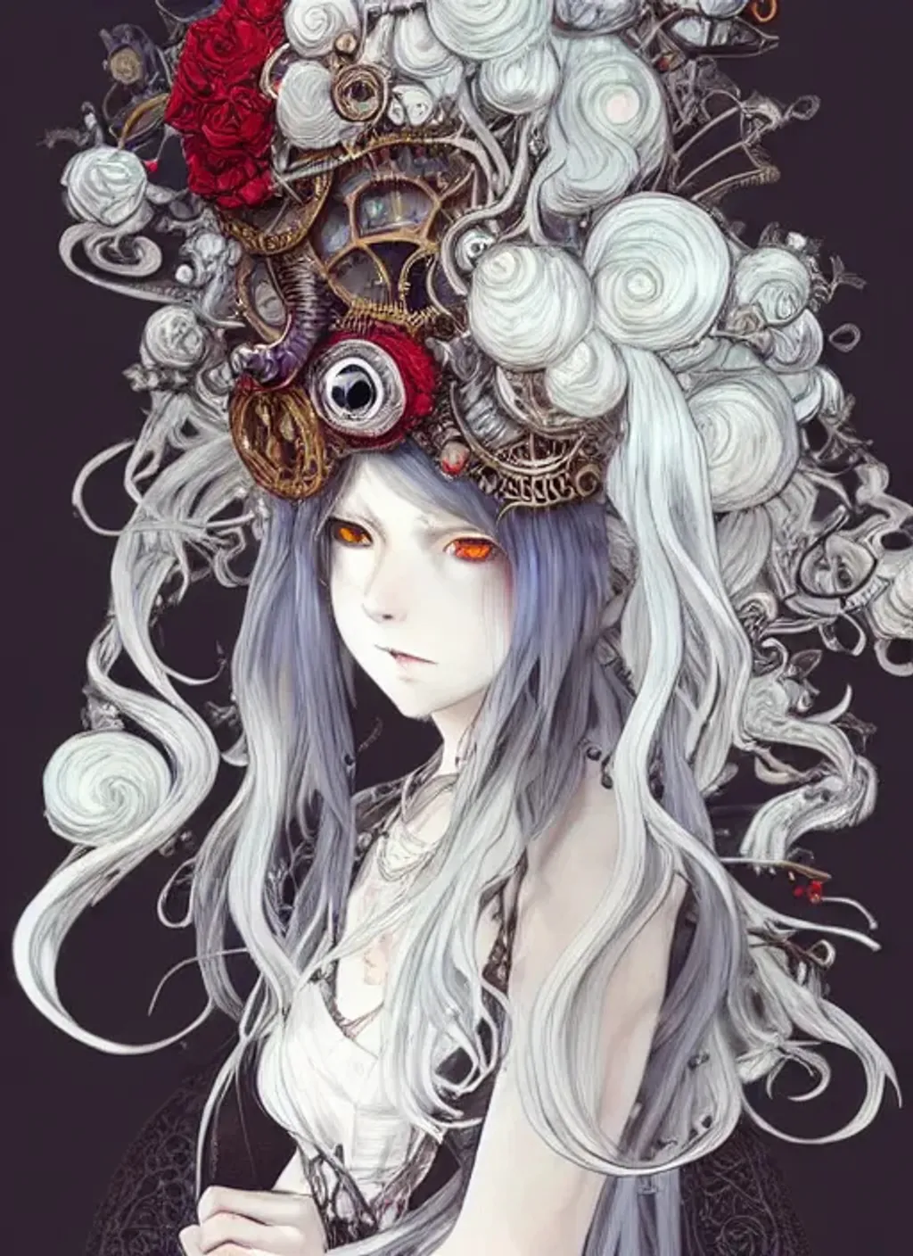 Prompt: cute white hair young lady, red eyes, wavy long hair, final fantasy, black horns on the side of head, steampunk, flowy dress, ornate, rings and jewelry, anime, insanely detailed and intricate digital illustration by Hayao Miyazaki, Ismail Inceoglu, M.W. Kaluta and Yoshitaka Amano, a masterpiece, close-up, 8k resolution, trending on artstation, delicate, watercolor, soft