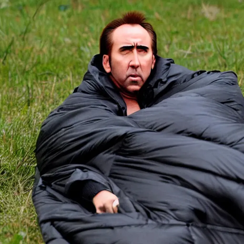 Prompt: Nicolas Cage in a sleeping bag