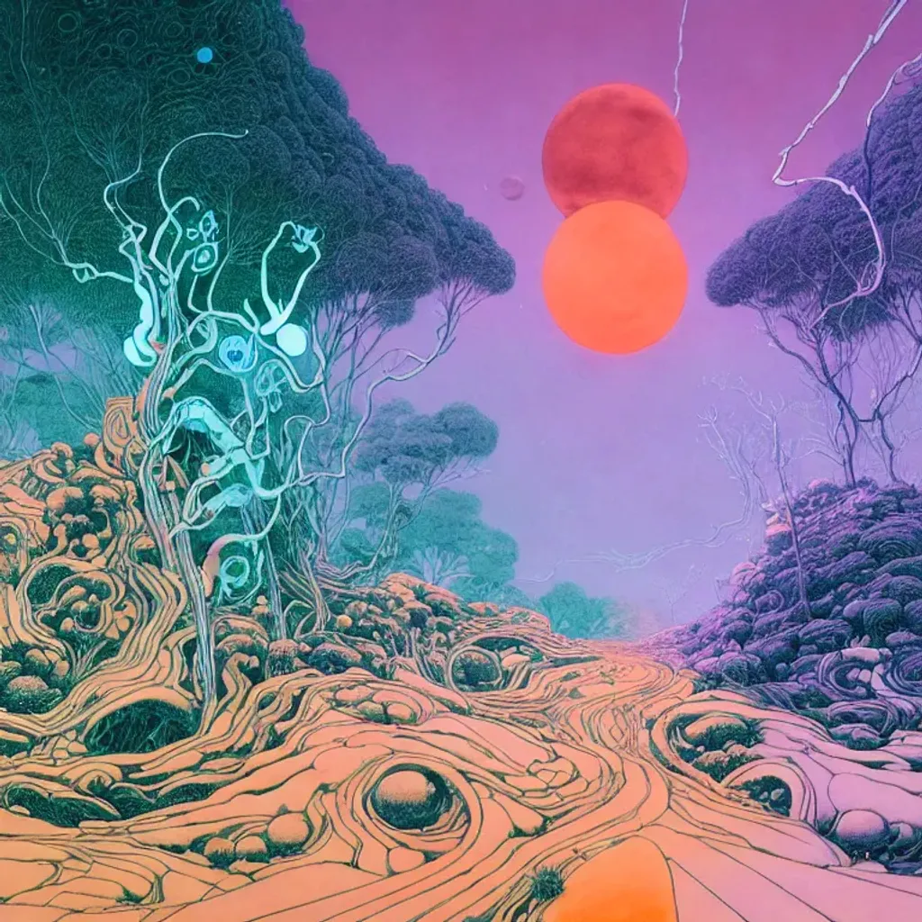 Prompt:  an intersection in time of nature and technology, cream bone-white orange green Fulvous indigo crossroads, by Raffaello Ossola,  Zdzislaw Beksinski, Victo Ngai, Sarah Khan, sharpie, watercolor, acrylic on paper, hyperreal, global illumination, volumetric lighting, occlusion, wide angle, wide focus, Unreal Engine 5, 128K UHD octane render, fBm, fractal, pi 