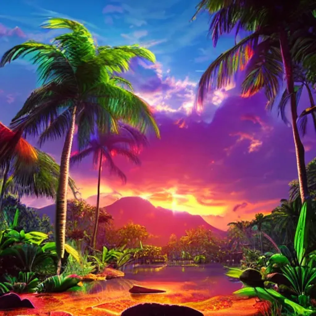 Prompt: a tropical resort in a jungle paradise, with a beautiful red and blue sunset, dynamic lighting, photorealistic fantasy concept art, trending on art station, stunning visuals, creative, cinematic, ultra detailed, ray tracing, sun rays, native tribes, wonderous waters, amazing detail