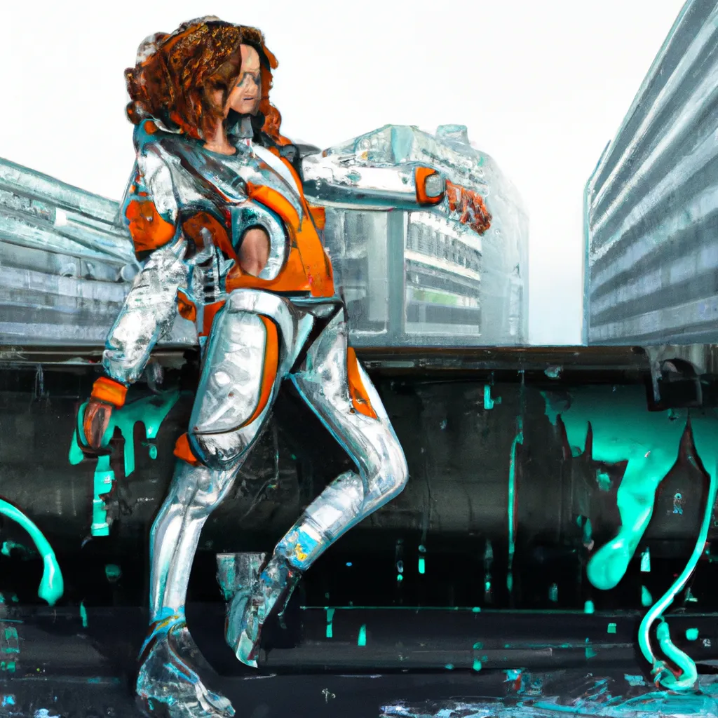 Prompt: Full body with face 2D graffiti spray paint style, rainy cyberpunk city in background, Pretty Russian 27 year old woman with turquoise wavy curly chin length hair, white gray orange colored dieselpunk outfit with lots of straps, white solarpunk jacket, powerful dancer leg hold pose.