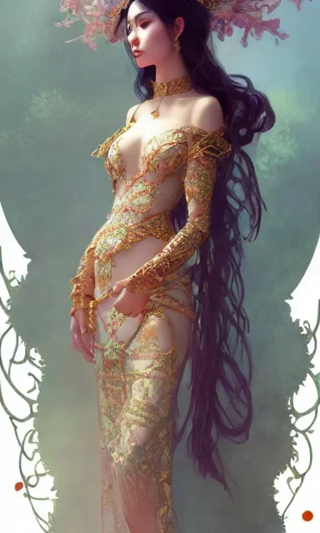 Prompt: a realistic feminine elegant ethereal princess with intricately decorated kebaya clothes, highly detailed, digital painting, Trending on artstation , HD quality, by artgerm and greg rutkowski and alphonse mucha, dramatic light, octane