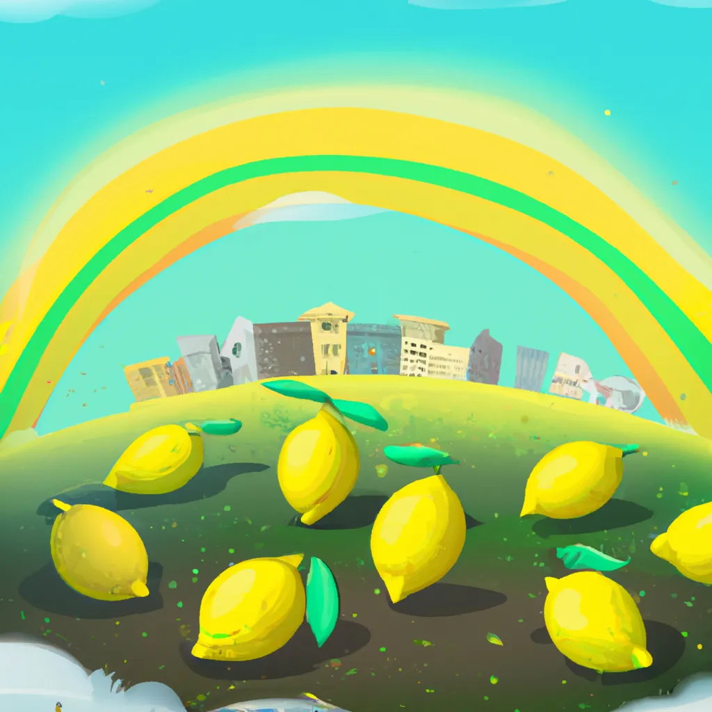 Prompt: Lemon land, lemon city, sun, clouds, rainbow, lemons, high quality, perfect lighting, realistic digital art, trending