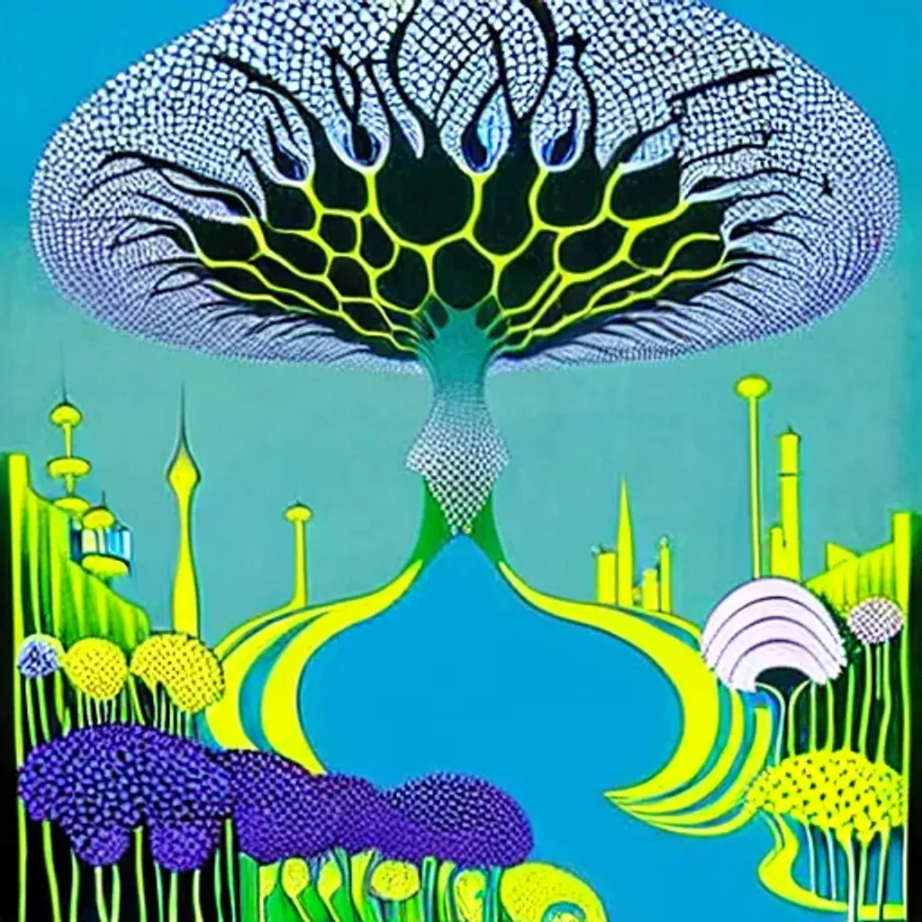 Prompt: House of the euphoria, 
House of the utopia, impressive surrealist painting by Tim Burton and Sho Murase and eyvind earle.  Architecture advertisements. Esthetic Neighborhoods. Floral explosion. Rich fauna. Organic biopunk. Dystopian wasteland.