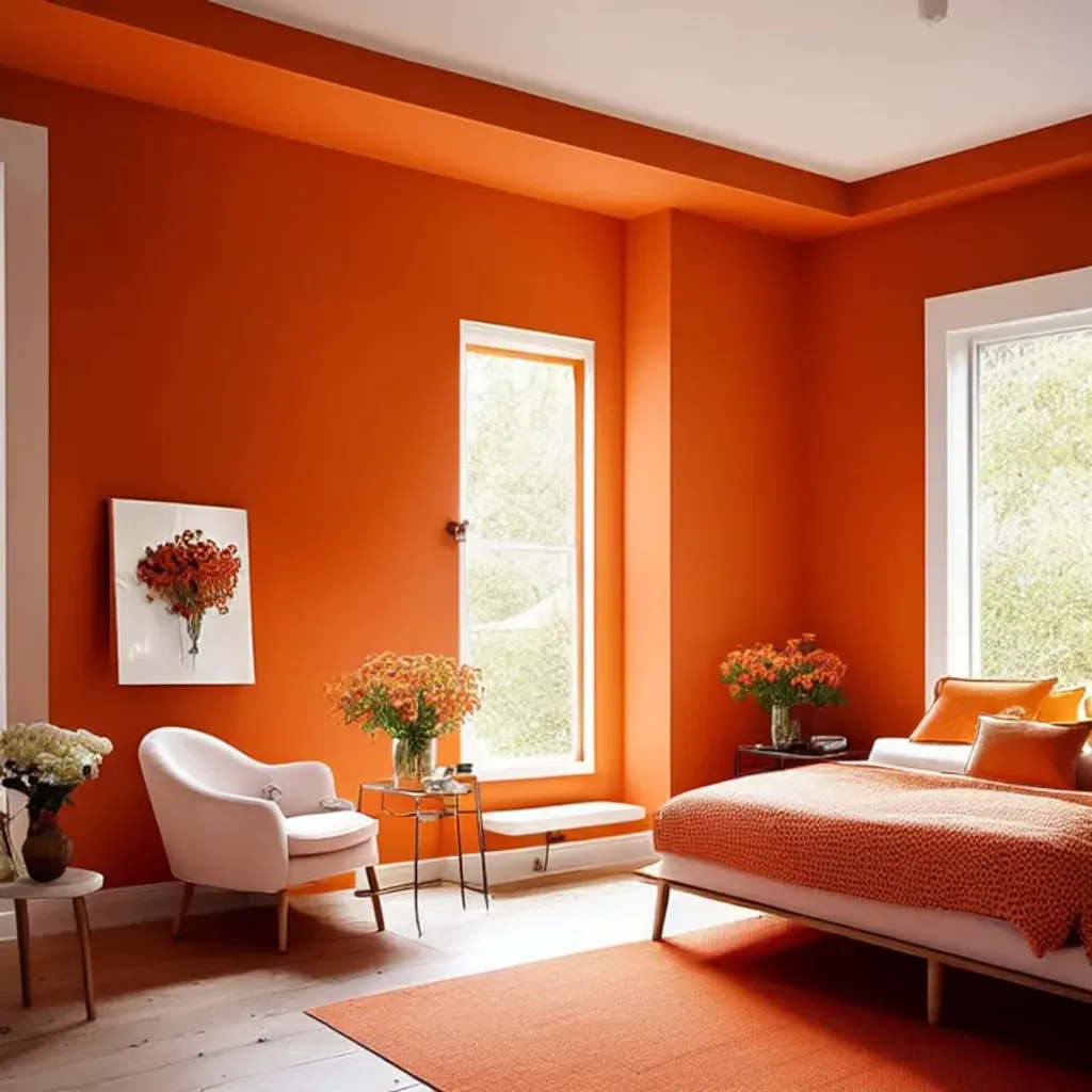 Prompt: interior bedroom, burnt orange walls, large window with flower garden outside