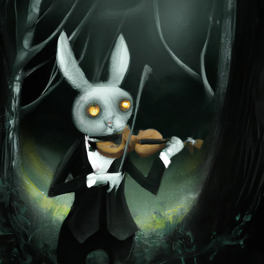 Prompt: A four eyed rabbit in a dark mystic forest playing the violin