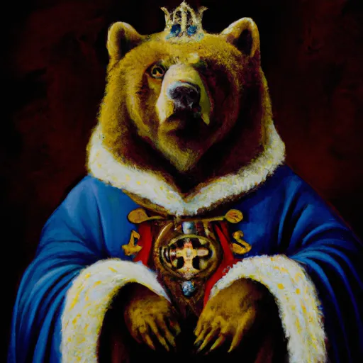 Prompt: An oil painting portrait of a kodiak bear wearing medieval royal robes and an ornate crown on a dark background