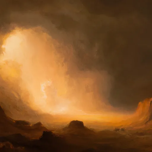 Prompt: An epic painting of an aggressive sand storm in an Incandescently lit post apocalyptic landscape, ultra wide angle landscape painting, by Frederic Edwin Church and Nadav Kander