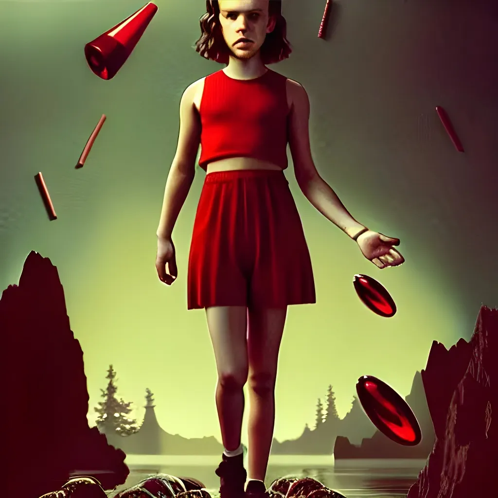 Prompt: Millie Bobby Brown from Stranger Things facing the camera with her hand outstretched with things floating all around her, fullbody, intricate, highly detailed, artstation, concept art, smooth, sharp focus, illustration, art by greg rutkowski and orientalism and bouguereau and Zdzislaw Beksinski, good clear quality, lighting, biology, symmetrical artwork, perfect face, 135 mm, cinematic, hyper realism, high detail, octane render, 8k, chrome accents