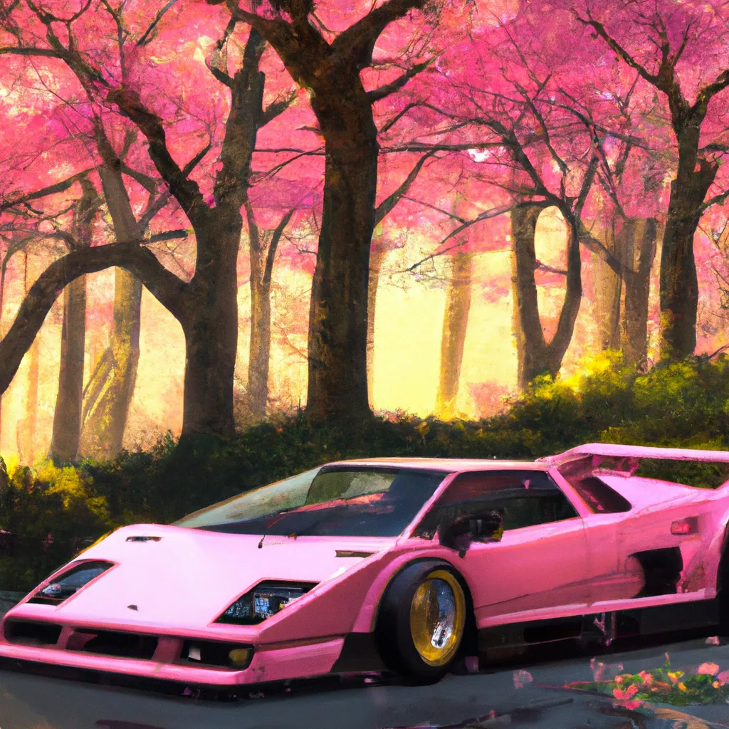 Prompt: Pink Lamborghini Countach LP400 in cherry blossom forest during beautiful sunset, digital painting