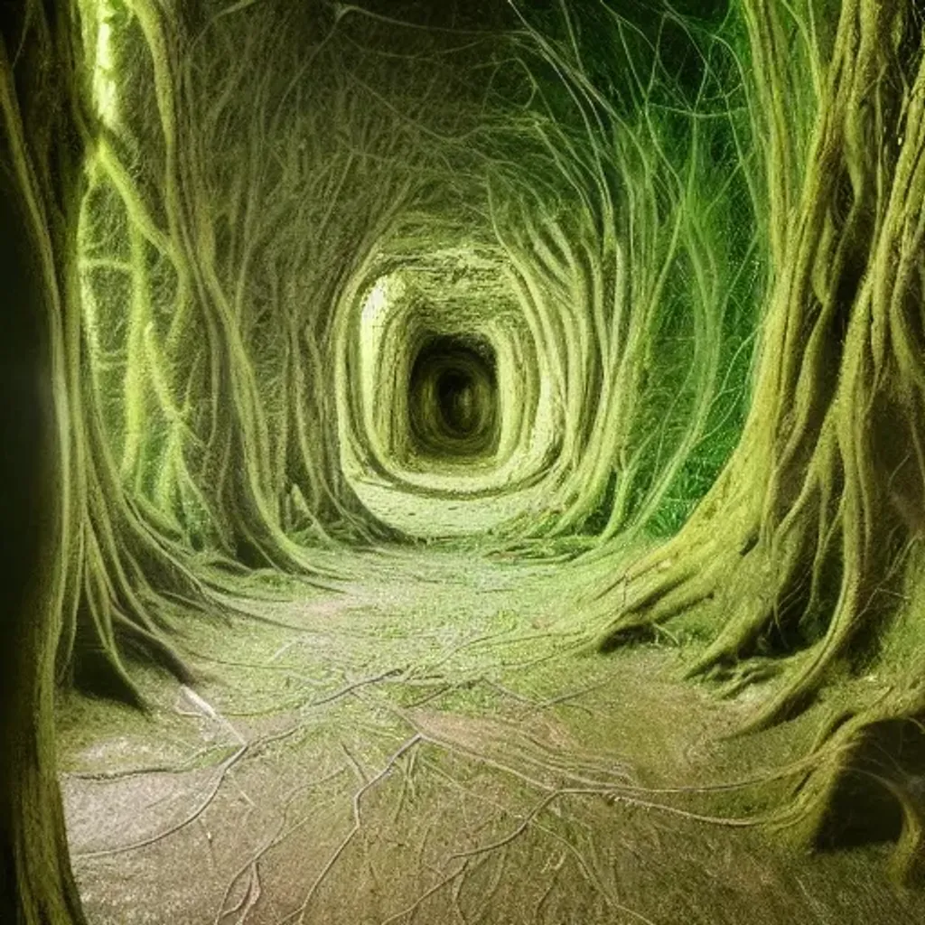 Prompt: Never ending green hallway, jagged rocks and urchins, slimy creatures, void that goes down to hell. God and the father. God and the truth. No Nonsense Liminal Space. Cancerous Tree Roots, Instant Spider Poison Death. No Auto-tune.