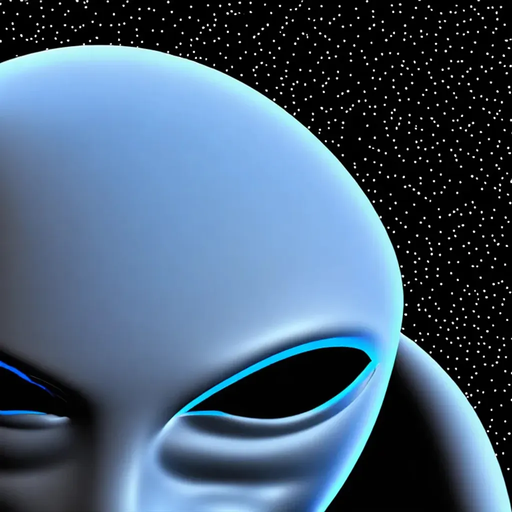 Prompt: a gray alien with blue eyes on a black background, vector art, by Andrei Kolkoutine, pixabay contest winner, ufo aliens, !!! very coherent!!! vector art, albuquerque, hp lovecraft style, coherent photo, vertically flat head, on a galaxy looking background, exotic alien elon musk, ufo abduction, squidward, face photo